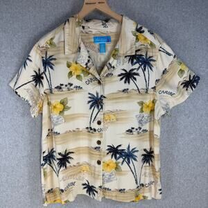 Island Winds Women's Large Hawaiian Shirt Rayon Yellow Floral Palm Soft Material
